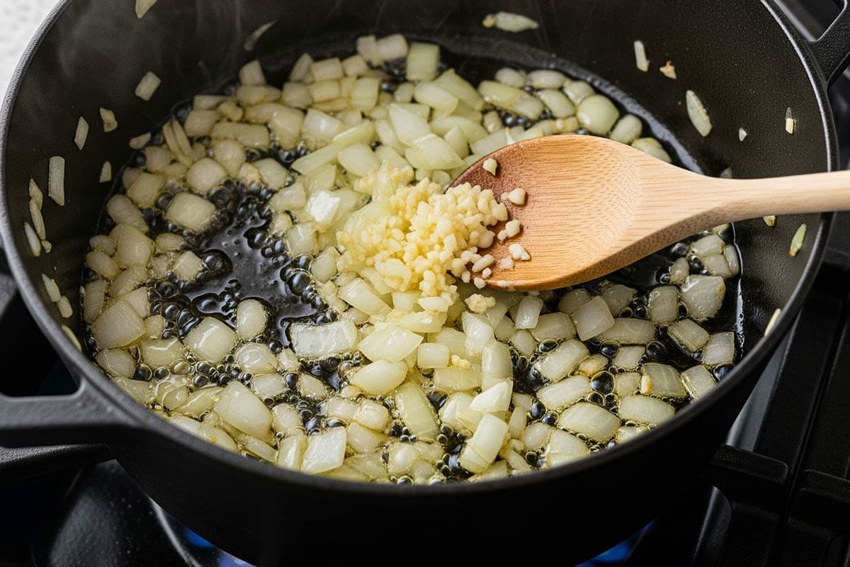 Onion and garlic in a pot.