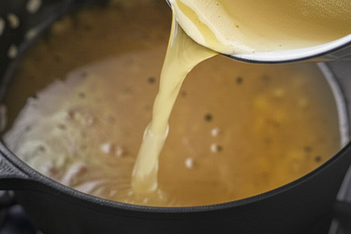 Pouring in vegetable broth.
