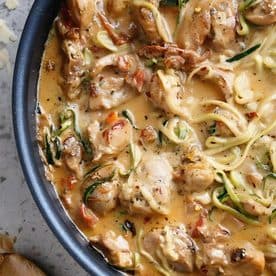 Creamy Sundried Tomato + Parmesan Chicken Zoodles in a bowl