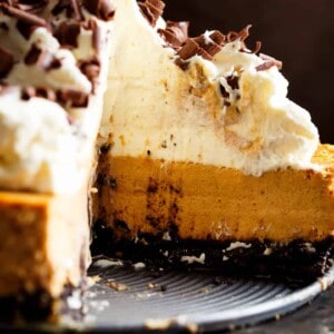 Chocolate Pumpkin Cheesecake is a fluffy, creamy pumpkin cheesecake good for Thanksgiving