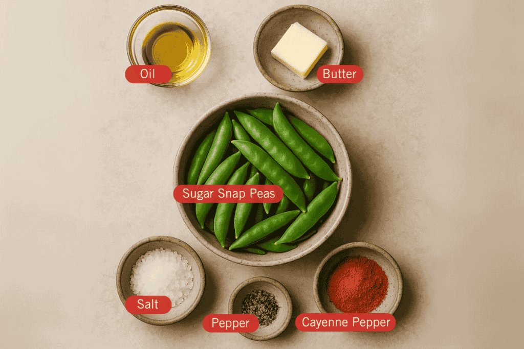 Labeled flatlay image of ingredients for sautéed sugar snap peas. A central bowl contains fresh sugar snap peas, surrounded by smaller bowls of olive oil (top left), butter (top right), salt (bottom left), black pepper (bottom center), and cayenne pepper (bottom right). Each ingredient is clearly labeled with red tags.