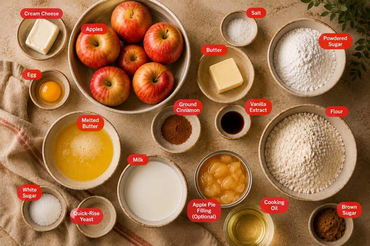 Flat lay photo of ingredient shot of cream cheese, apples, salt, powdered sugar, egg, melted butter, ground cinnamon, vanilla extract, flour, brown sugar, cooking oil, milk quick rise yeast, white sugar