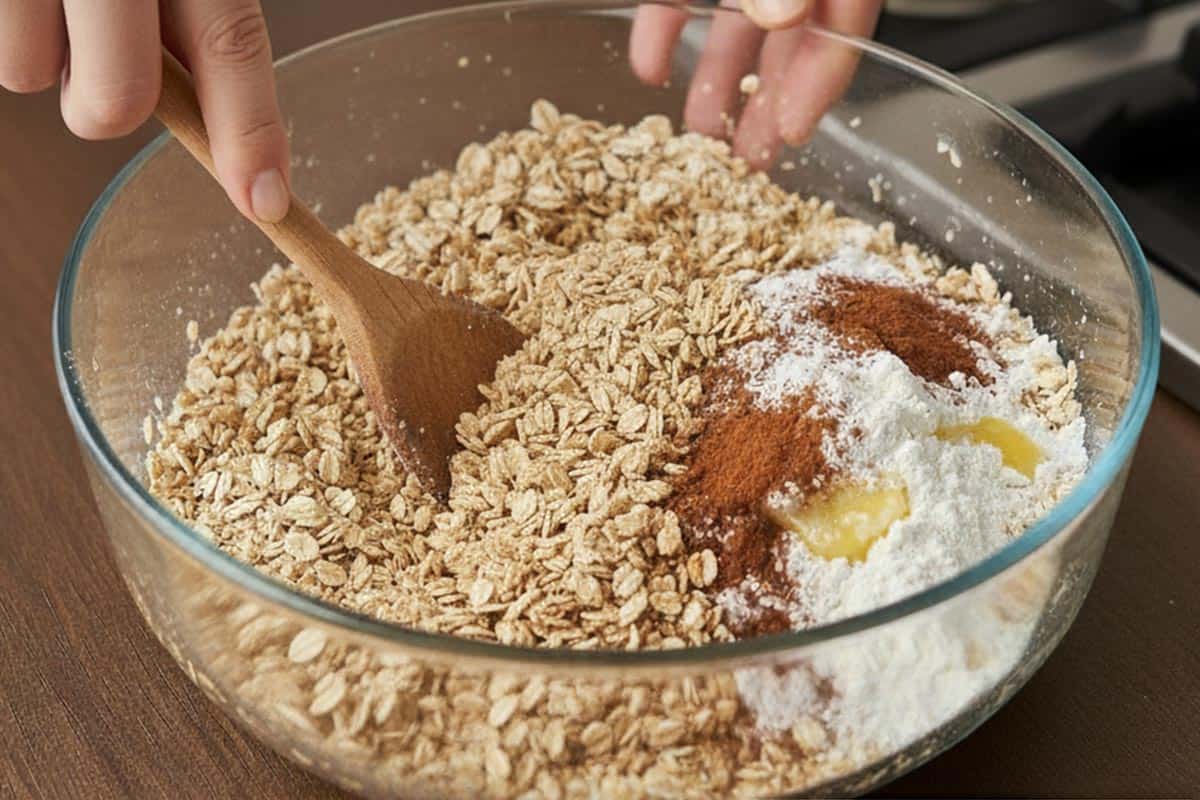 Combining oats, flour, brown sugar, cinnamon, baking powder, and melted butter in a bowl.