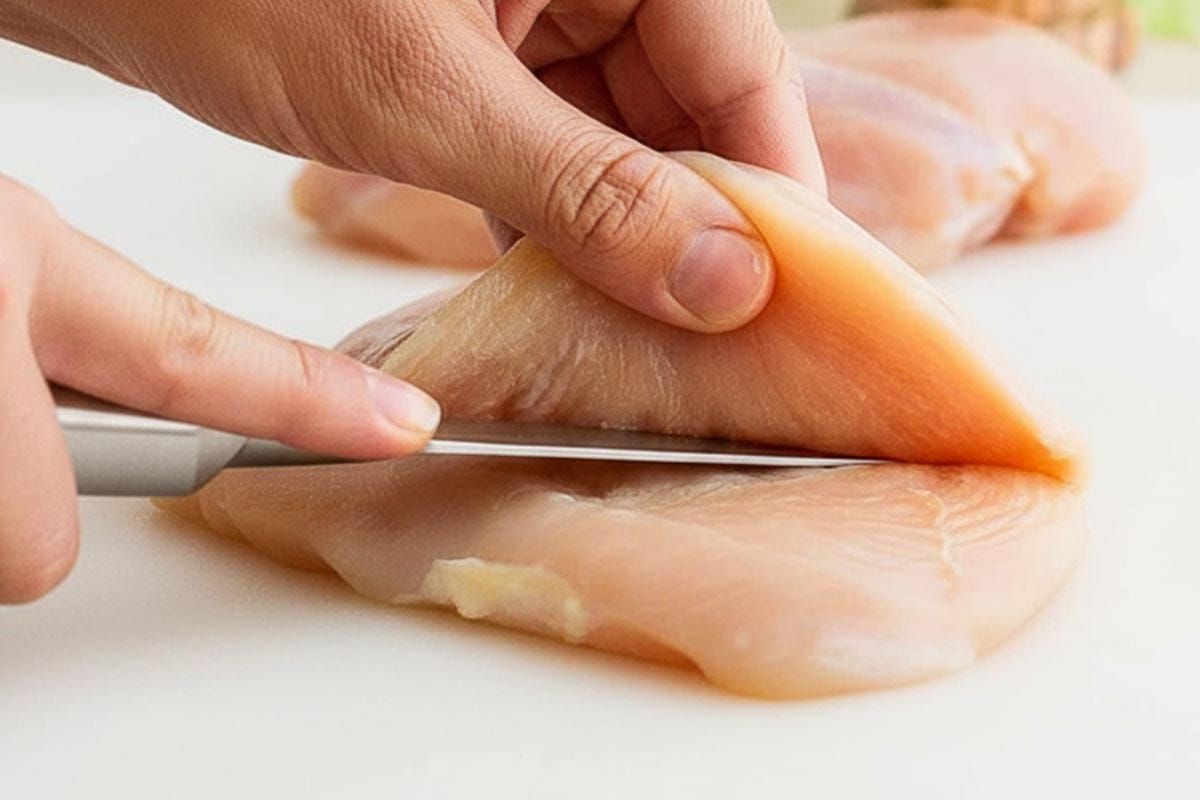 Slicing a pocket on the side of the chicken breast.