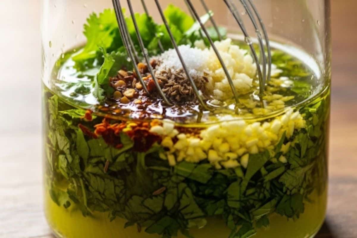 In a small jug, whisk lime juice, olive oil, cilantro, salt, chili flakes, cumin, and garlic.