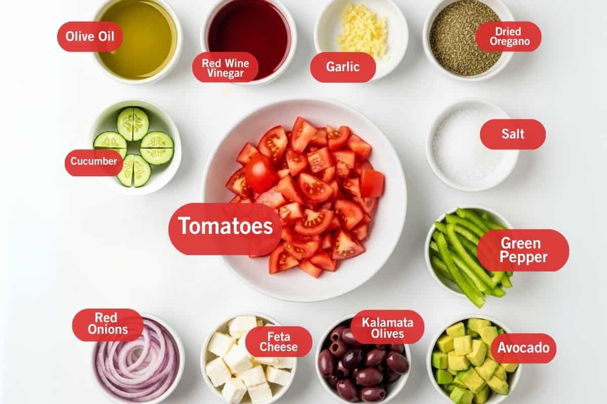Flat lay photo of ingredient of shot of olive oil, red wine vinegar, garlic, dried oregano, cucumber, tomatoes, salt, green pepper, avocado, Kalamata olives, feta cheese, red onions