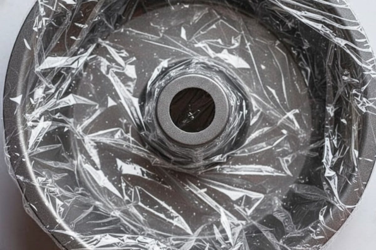 Line the inside of a 10-cup Bundt pan with plastic wrap