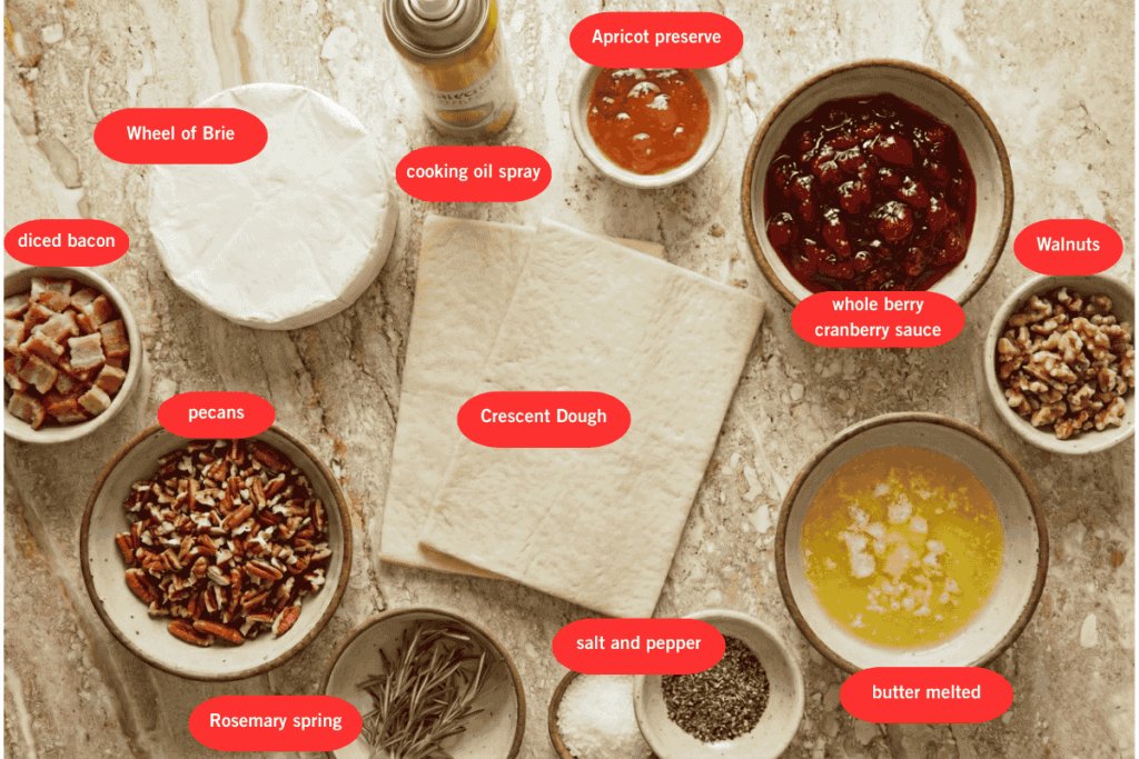 a top down view of all the ingredients needed to make baked brie bites all in bowl except for the brie wheel and pasty which are all laid out on a bench