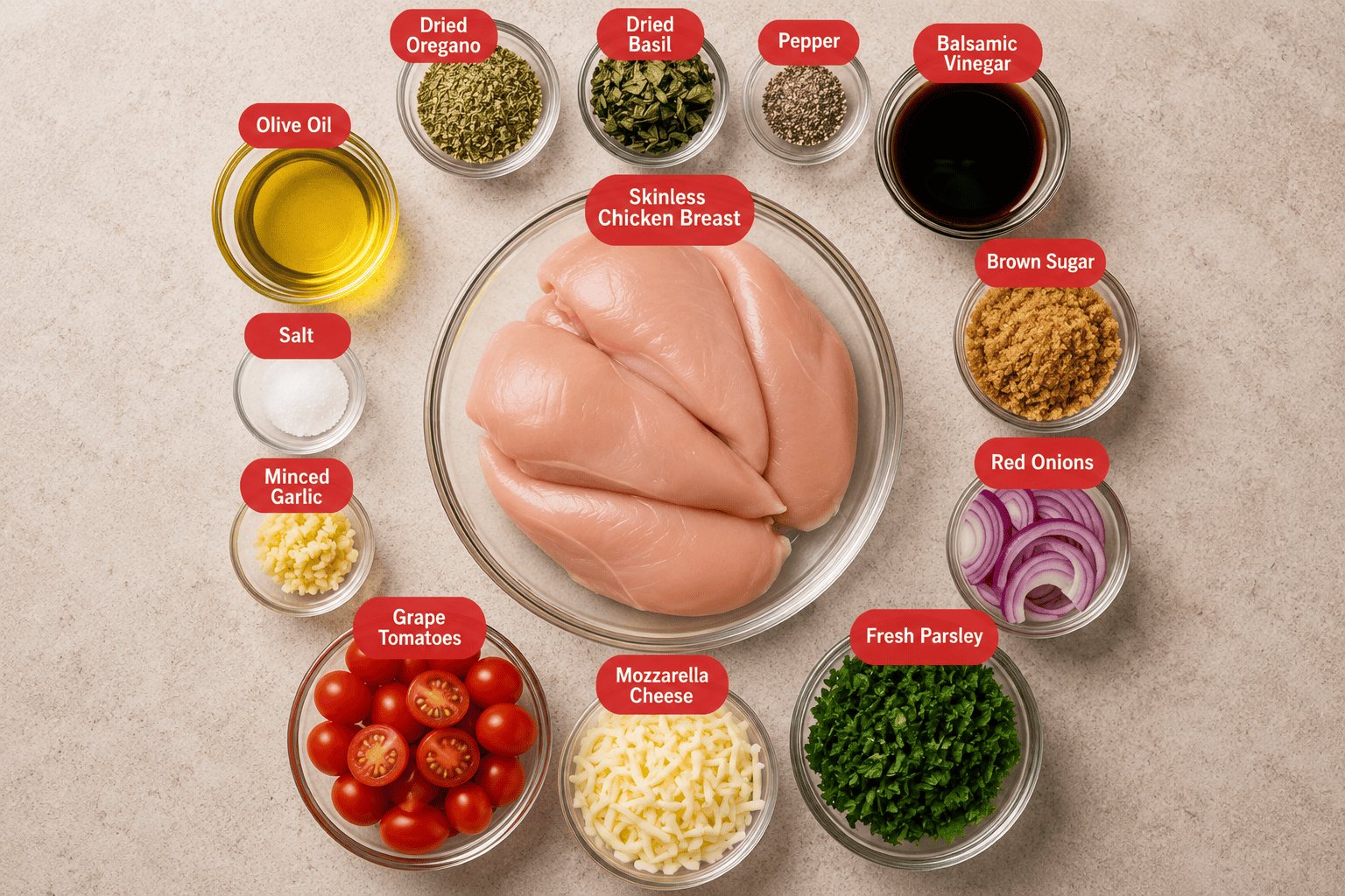 Flat lay photo of the ingredients for Balsamic Chicken that contains, dried oregano, dried basil, pepper, balsamic vinegar, brown sugar, sliced red onions, fresh parsley, mozzarella cheese, grape tomatoes, minced garlic, salt, olive oil