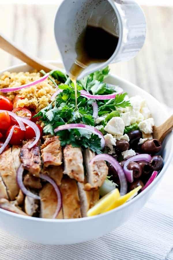 Balsamic Chicken Salad with Lemon Quinoa on a plater