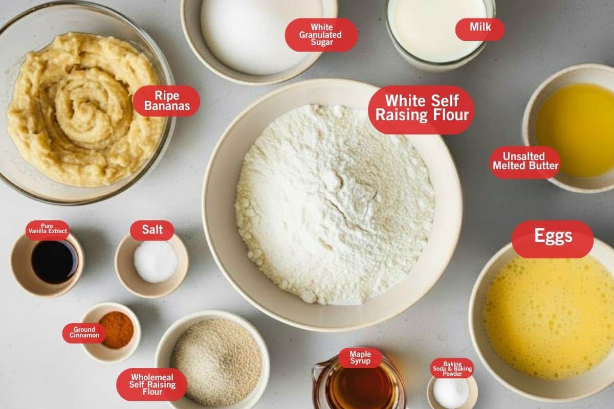 Flat lay photo of ingredient shot of ripe bananas, white granulated sugar, milk, unsalted meted butter, eggs, baking soda and baking powder, maple syrup, whole meal self raising flour, ground cinnamon, salt and pure vanilla extract