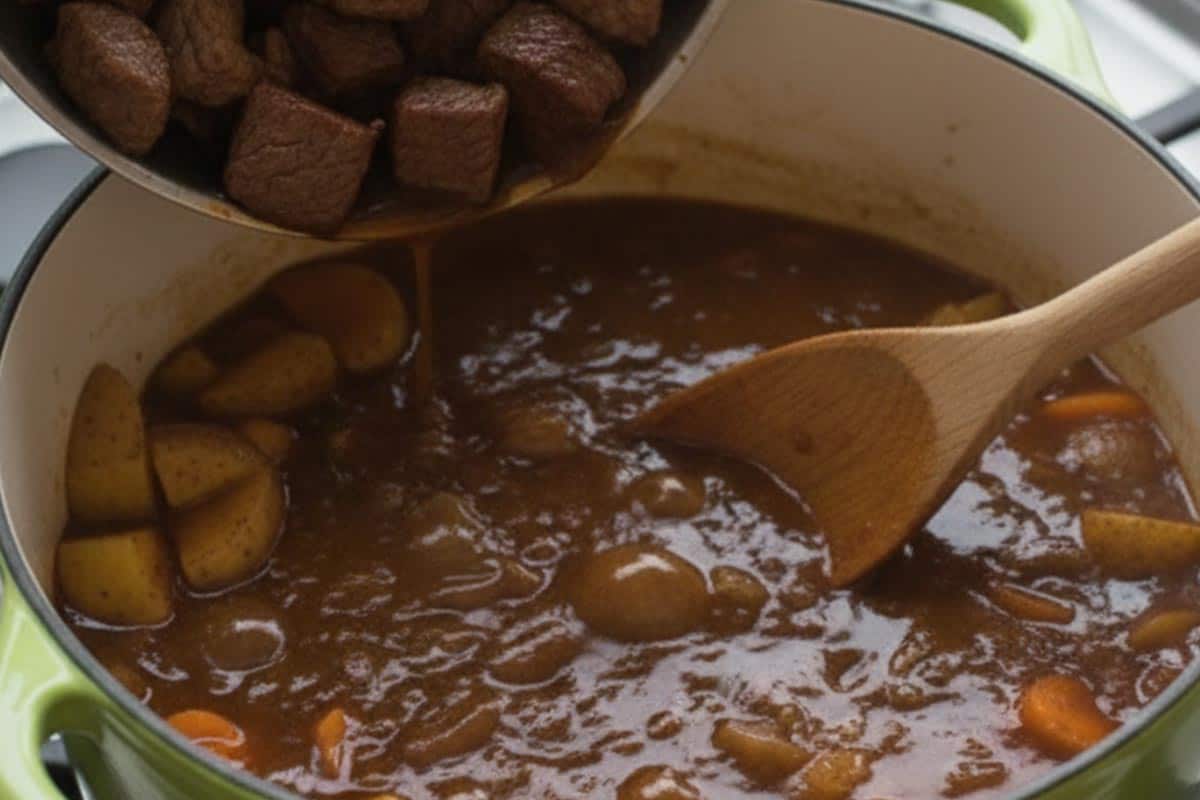 Tipped in the beef in the pan.