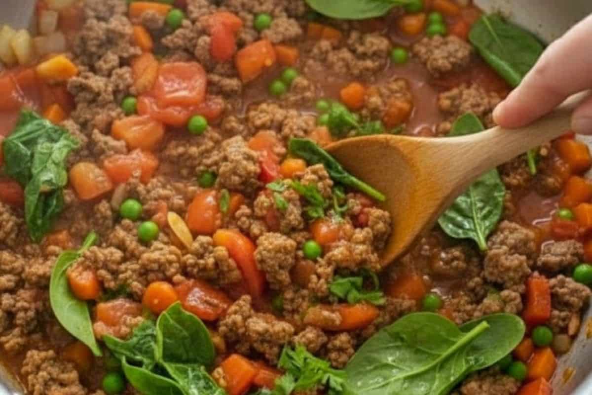 Pour in the gravy mixture or cornflour slurry and stir until the sauce thickens. Add the spinach and parsley
