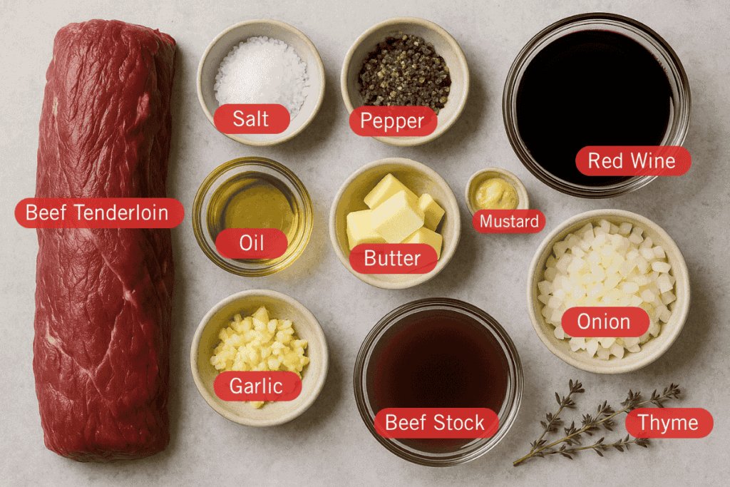 A flatlay image of labeled ingredients for beef tenderloin arranged on a light gray surface. From left to right, the items include a large cut of raw beef tenderloin, a bowl of coarse salt, cracked black pepper, red wine, canola oil, butter cubes, Dijon mustard, finely chopped onions, minced garlic, beef stock, and a sprig of fresh thyme.