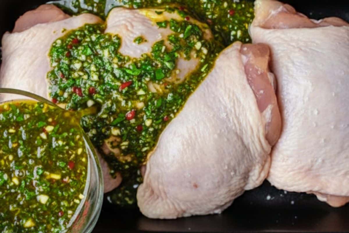 chicken thighs covered with chimichurri
