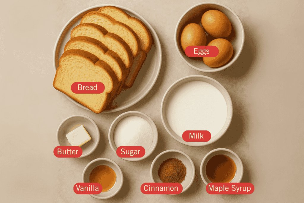 Labeled flatlay image of French toast ingredients arranged in small bowls on a neutral surface. The items include slices of brioche bread, eggs, milk, butter, sugar, vanilla extract, ground cinnamon, and maple syrup, each clearly marked with red text labels.