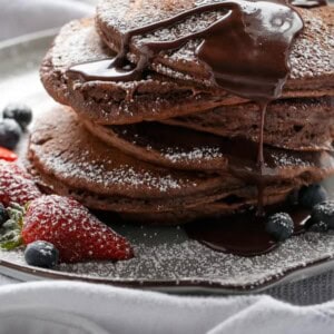 Double Chocolate Brownie Pancakes stack on each other