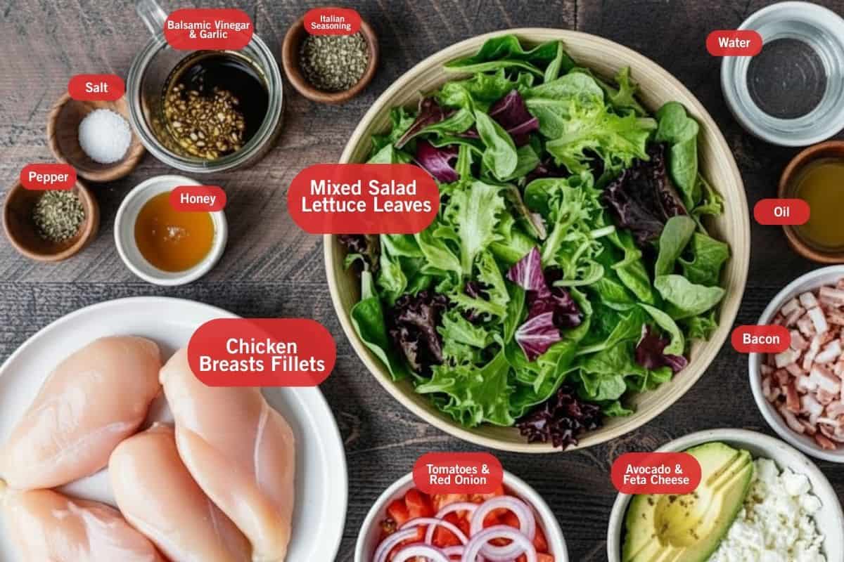 Flat lay photo of ingredient shot of salt, pepper, balsamic vinegar and garlic, Italian seasoning, mixed lettuce leaves, water, oil, bacon, avocado and feta cheese, tomato and red onion, chicken breasts fillets, honey