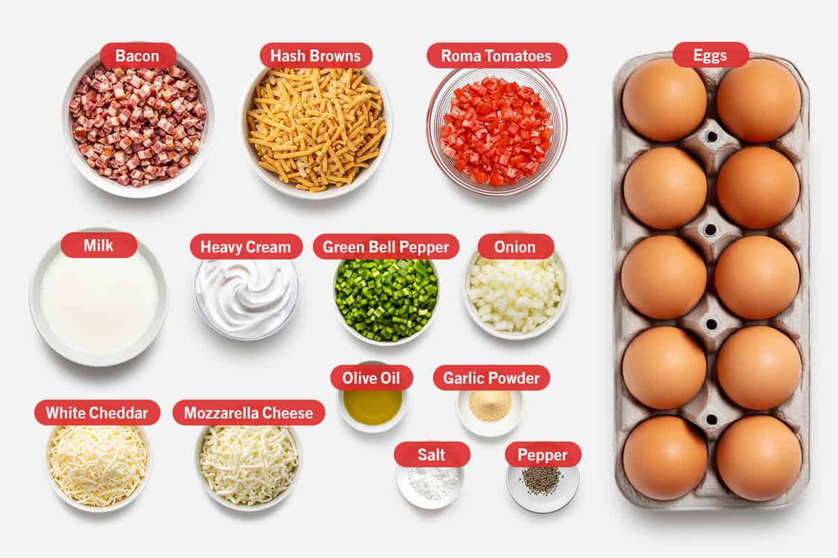 Top shot of ingredients: bacon, hash brown, Roma tomatoes, eggs, milk, heavy cream, green bell pepper, onion, white cheddar, mozzarella cheese, olive oil, salt, garlic powder, and pepper.