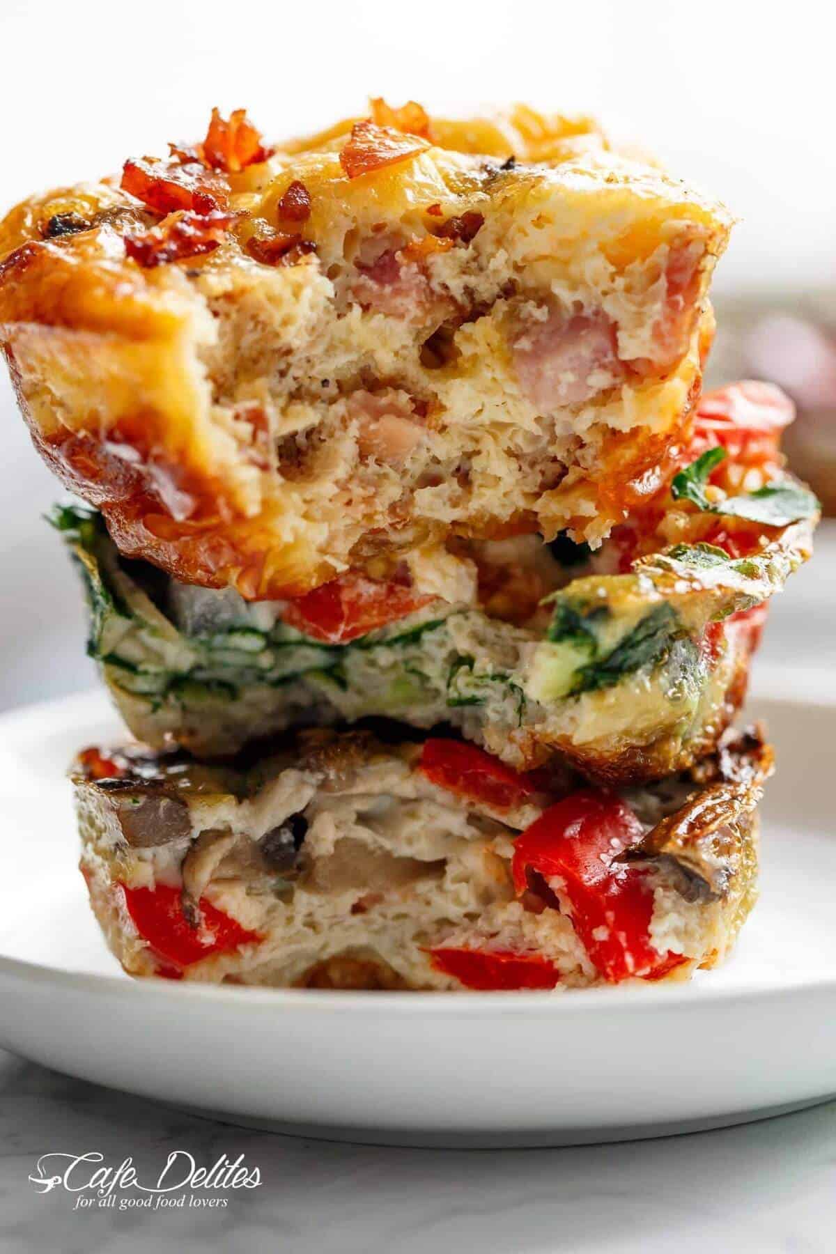A stack of low-carb, filling 3 Ways Breakfast Egg Muffins, good for a quick grab-and-go meal.