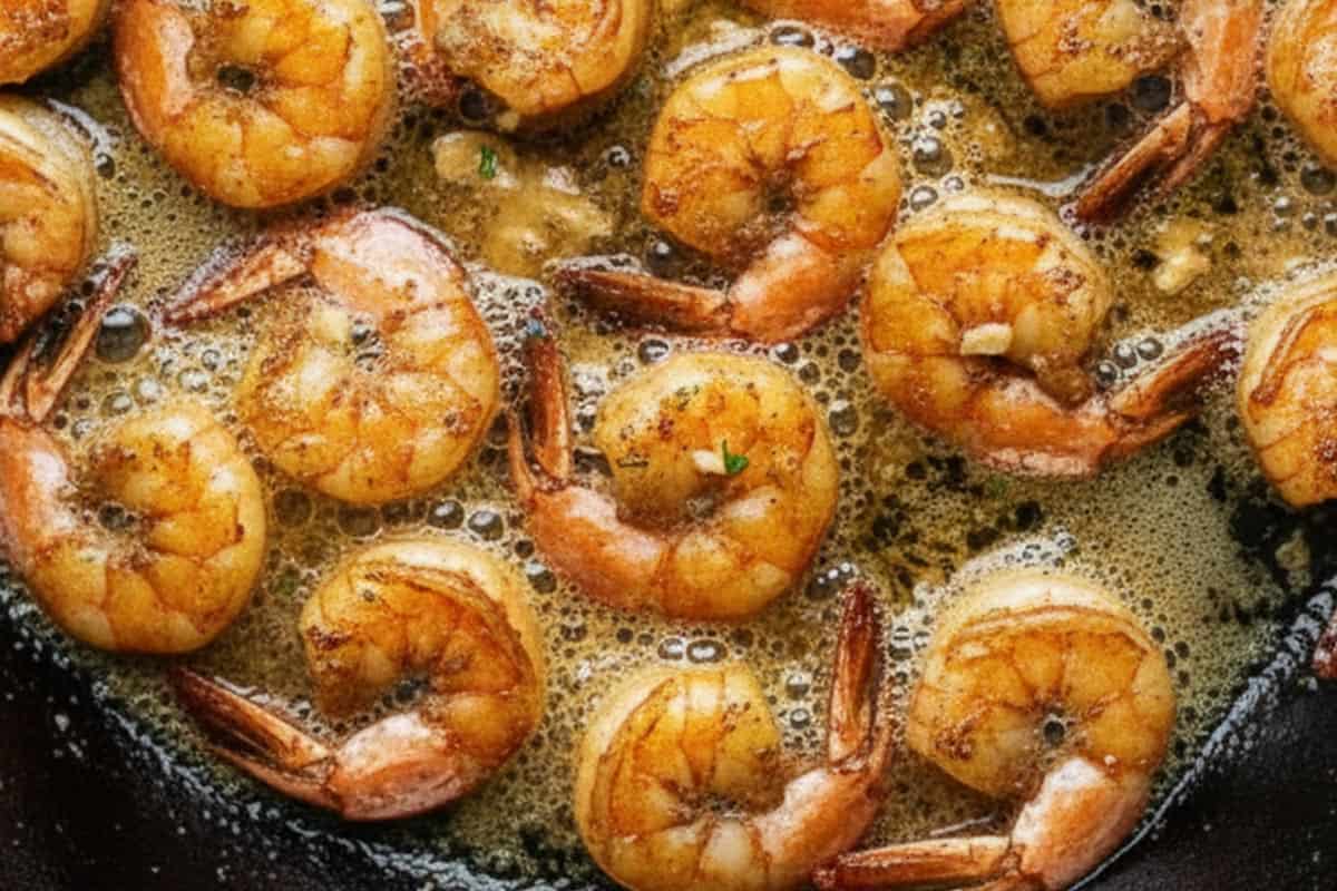 Cooking the shrimp with the browned butter mixture in a pan.