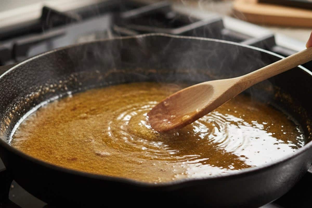 Melting butter in a pan until golden brown.