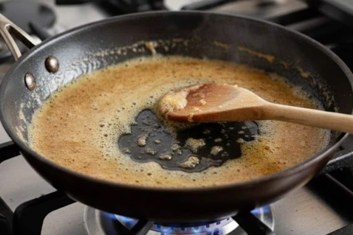 Once butter starts foaming, it will shift from yellow to golden brown.