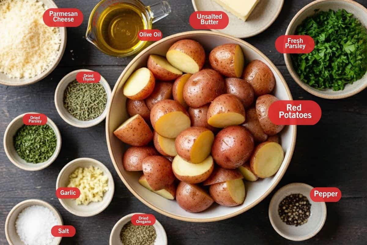 Flay lay photo of ingredient shot of of parmesan cheese, olive oil, unsalted butter, fresh parsley, red potatoes, pepper. dried oregano, salt, garlic, dried parsley