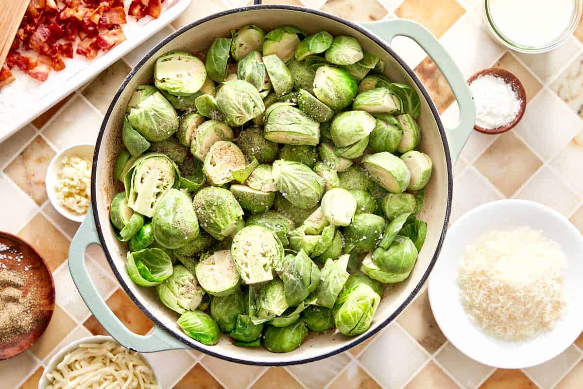 Fresh Brussels sprouts seasoned and ready to sauté