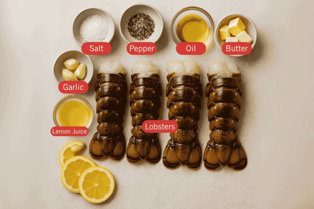 Flatlay image of raw lobster tail ingredients arranged in bowls, each labeled. Centered are four lobster tails. Above them are bowls labeled Salt, Pepper, Oil, and Butter. To the left are bowls labeled Garlic and Lemon Juice. At the bottom left are fresh lemon slices.