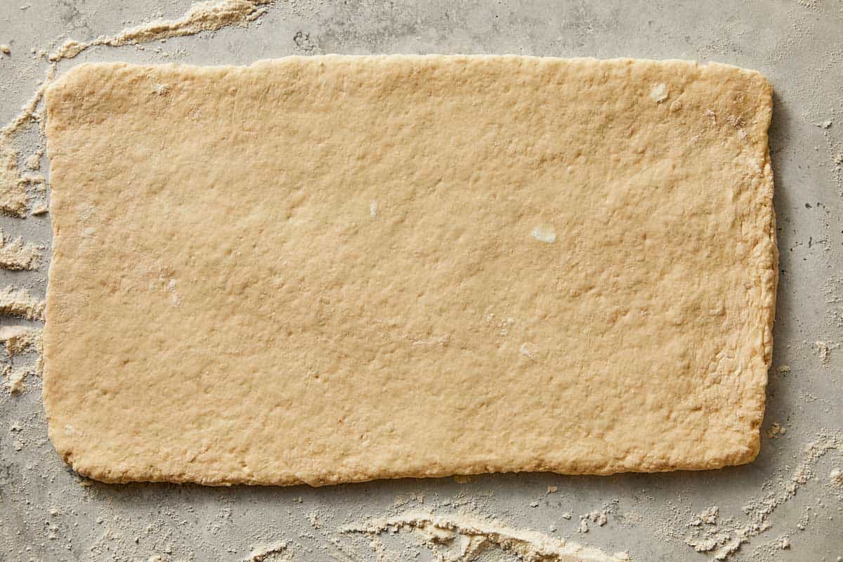 Folded buttermilk biscuit dough ready to be cut |
