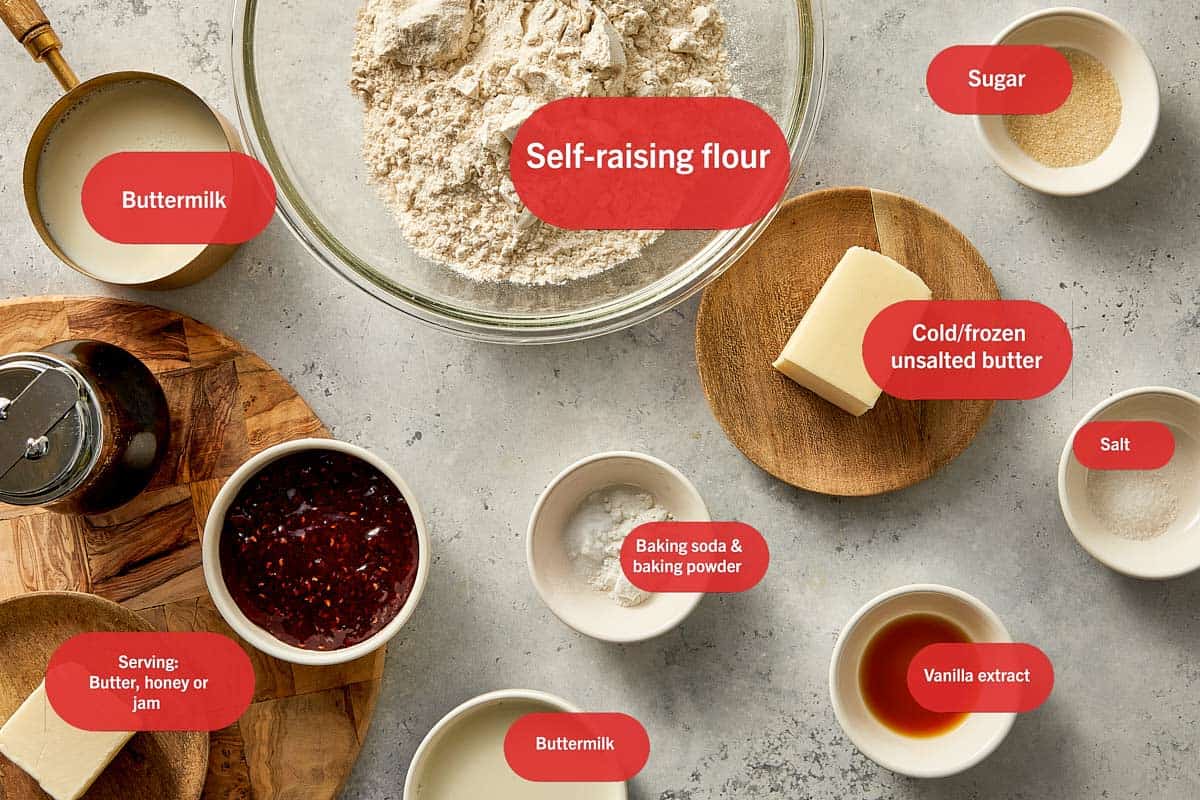 Top view of Ingredients for Buttermilk biscuits labeled in a flat surface |
