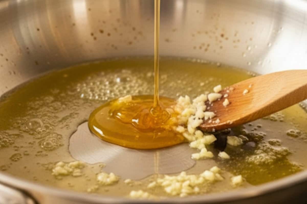 Melt butter in a non stick pan over medium heat. Stir in honey, lemon juice, and garlic, and cook.