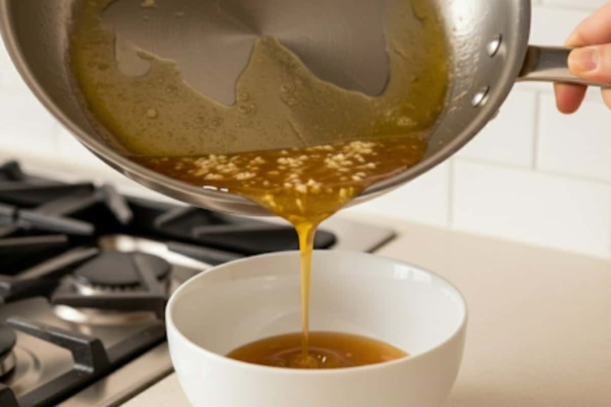 Pour out just over half of the honey garlic butter, leaving about 2 tablespoons in the pan.