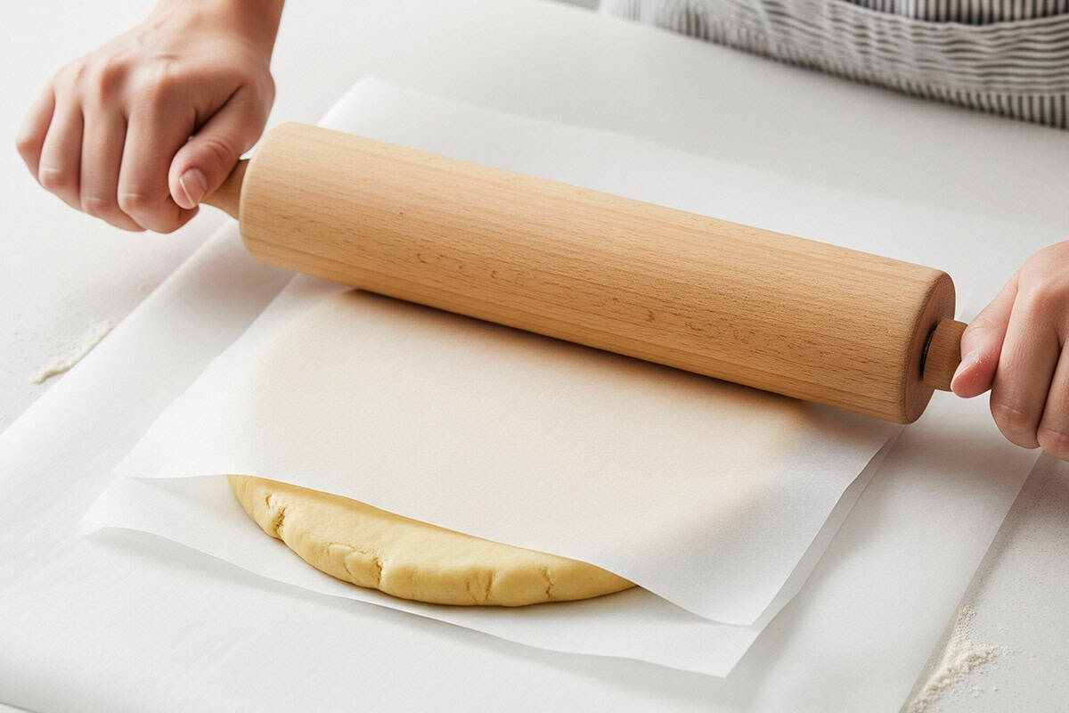 Dough covered with parchment paper being rolled out with a rolling pin.