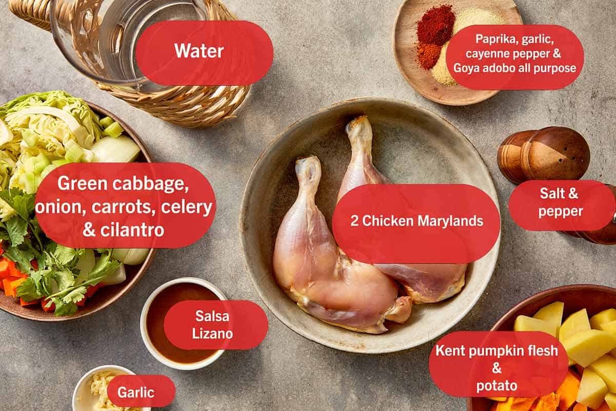 Ingredients for cabbage chicken soup including chicken marylands, green cabbage, carrots, celery, onion, pumpkin, potato, garlic, Salsa Lizano, and spices arranged on a table