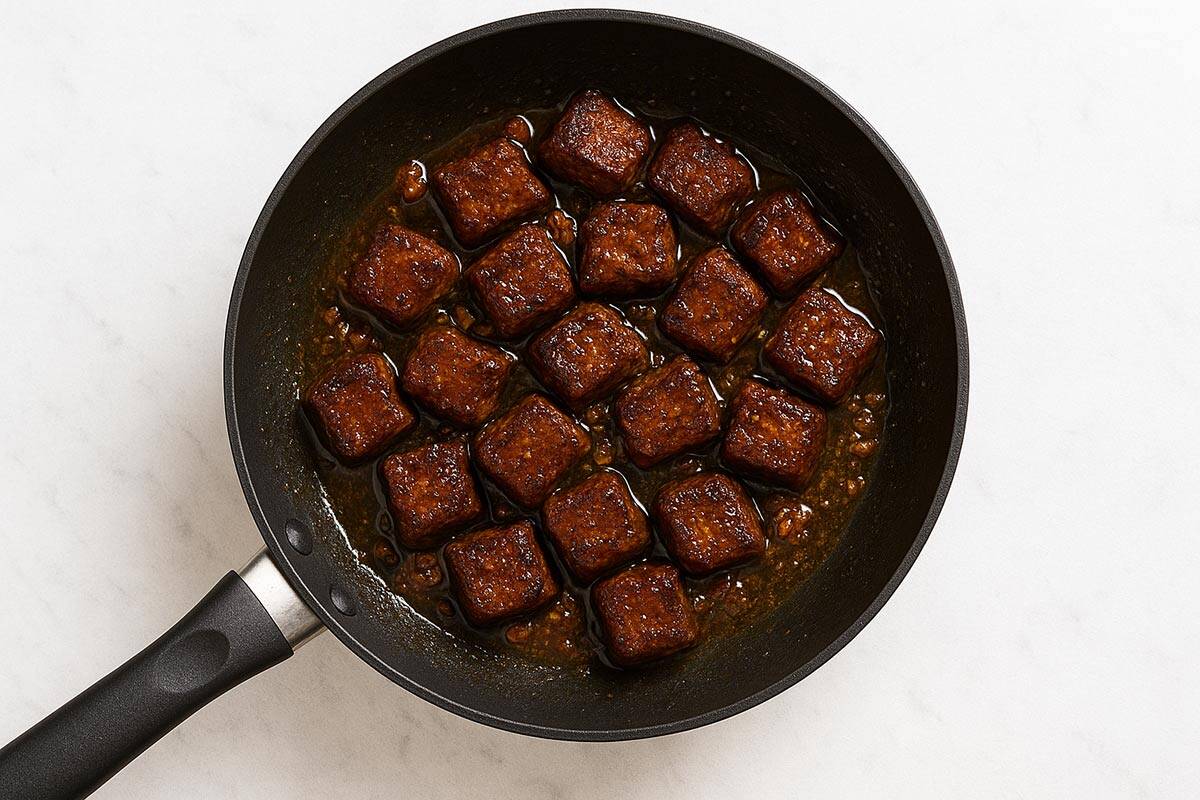 steak, garlic and butter being heated in a pan.
