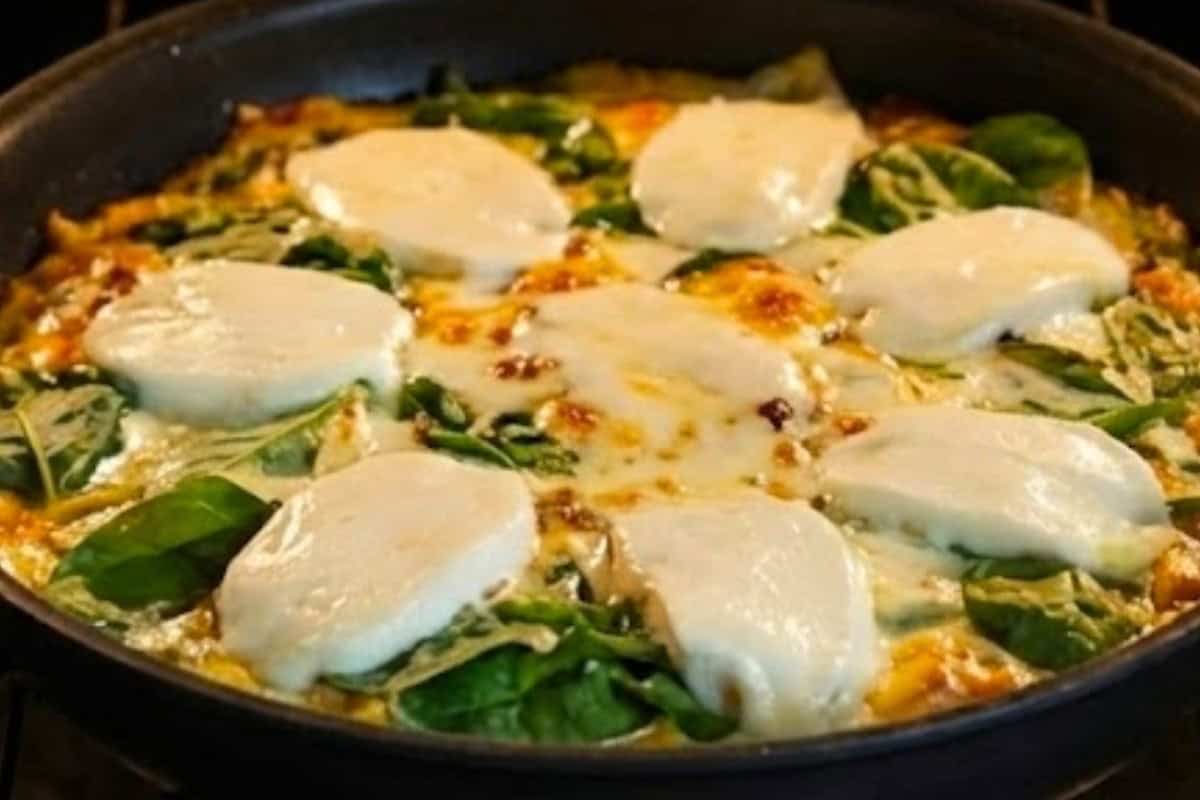 Reduce heat to low medium, add spinach, arrange mozzarella slices on top, and cook for about 8 minutes