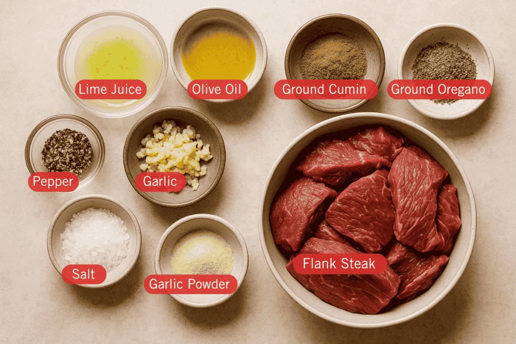 A flatlay photo of labeled carne asada ingredients on a light beige surface. At the center right is a bowl of raw flank steak slices. Surrounding it are small bowls containing lime juice, olive oil, ground cumin, ground oregano, minced garlic, garlic powder, salt, and cracked black pepper.