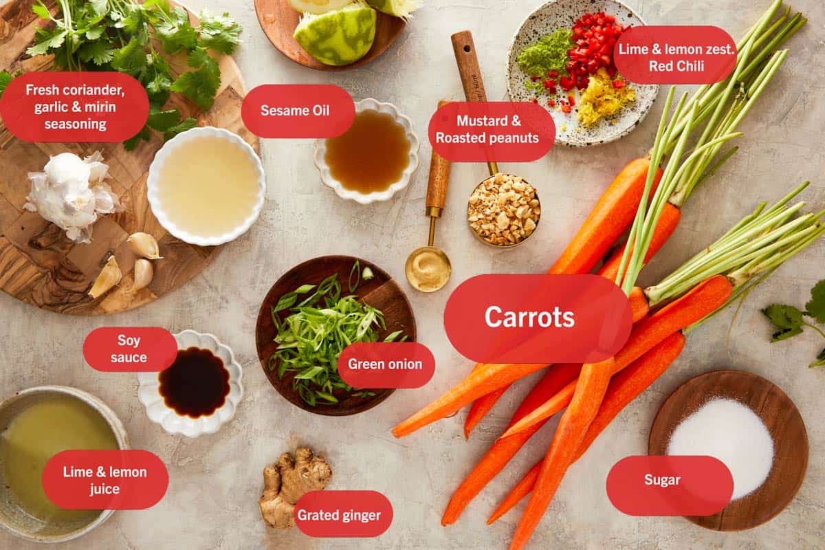 top down shot of ingredients used in carrot salad