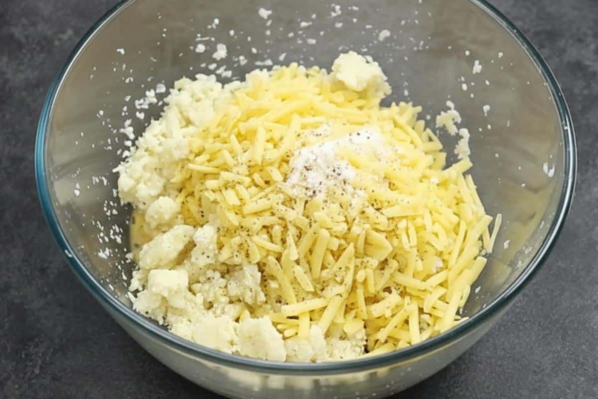 Drained cauliflower, whisked egg, cheeses, salt, and garlic powder in a bowl.