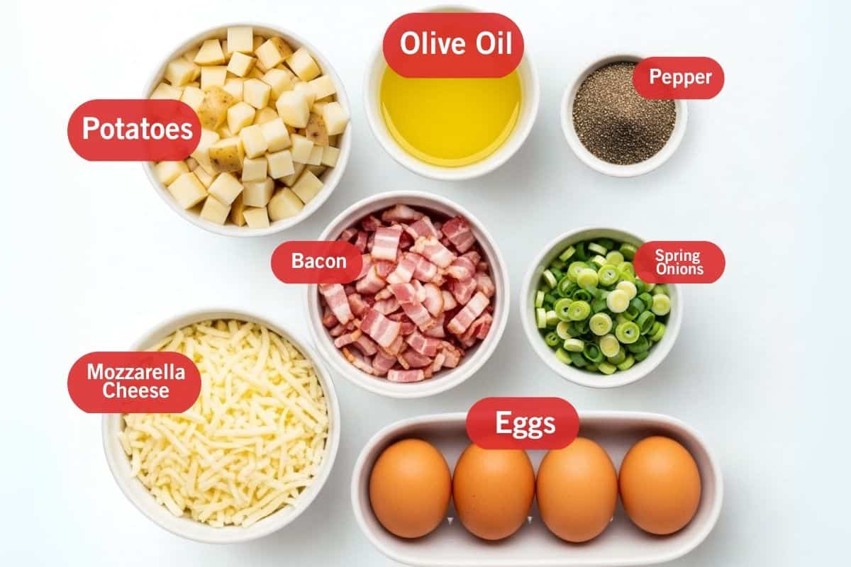 Flat lay photo of ingredient shot of potatoes, olive oil, pepper, spring onions, eggs, bacon, mozzarella cheese