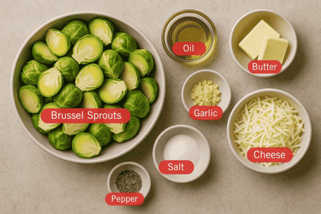 Labeled flatlay photo of ingredients for Cheesy Brussels Sprouts. A large bowl of halved Brussels sprouts is surrounded by smaller bowls containing olive oil, butter, minced garlic, shredded cheese, salt, and cracked black pepper.
