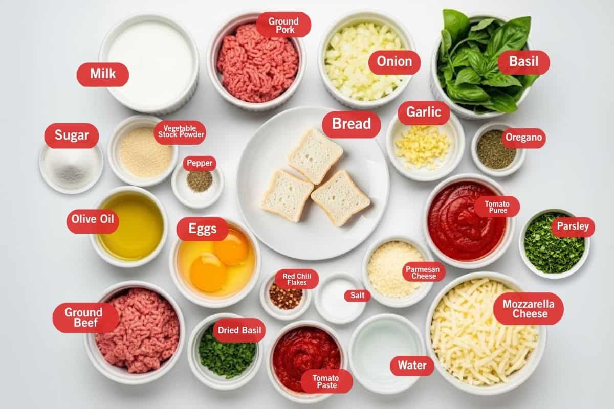 Flay lay photo of ingredient shot of milk, ground pork, onion, basil, oregano, garlic, tomato puree, parsley, mozzarella cheese, water,parmesan cheese, salt, tomato paste, salt, red chili flakes, eggs, dried basil, ground beef, olive oil, bread, olive oil, pepper, vegetable stock powder, sugar