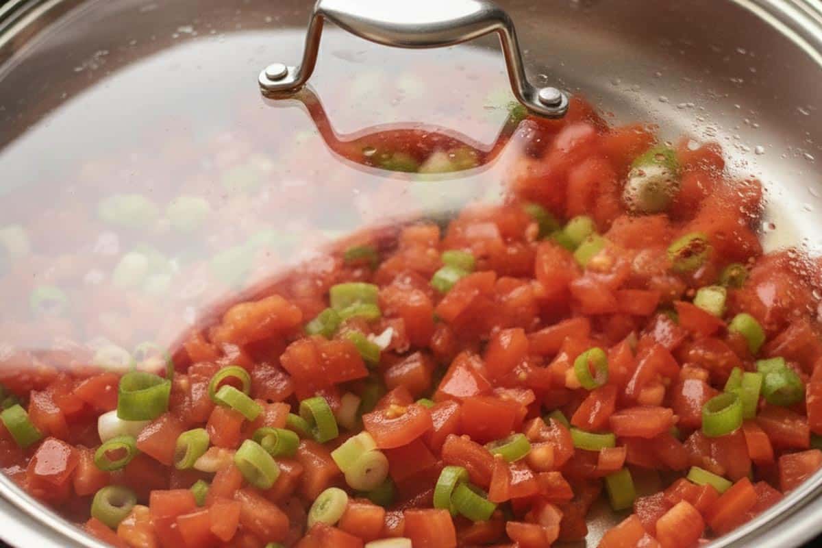 Diced tomatoes with green onions in a saucepan with lid.