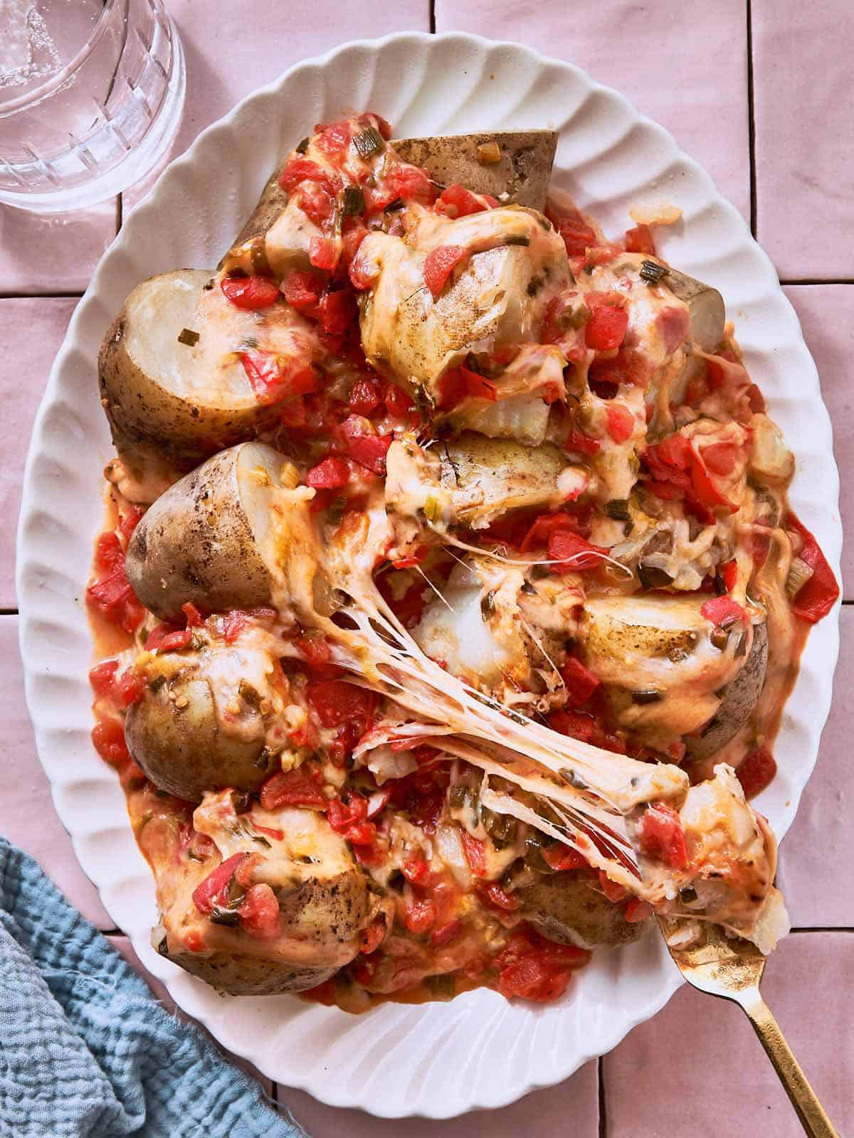 Cheesy potatoes served in a white dish, topped with melty mozzarella, tomatoes, and green onions, with a golden fork lifting a gooey cheese pull.