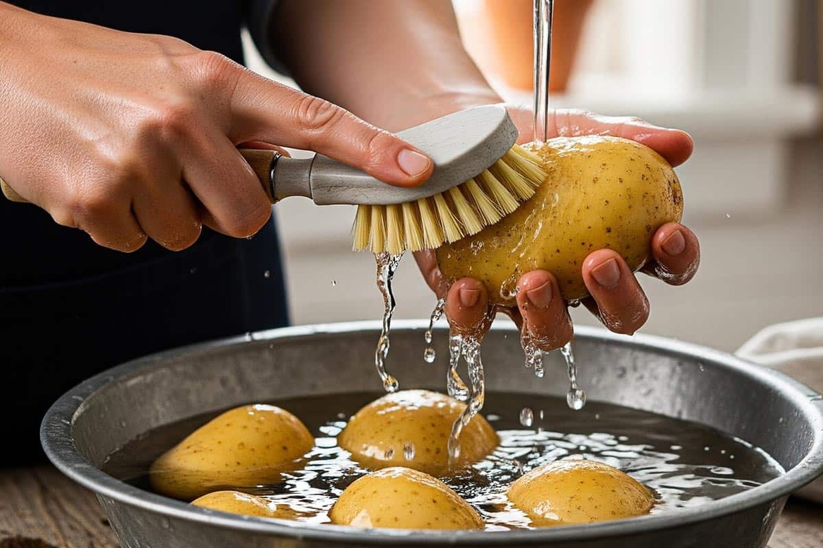 Scrubbing the potatoes well.