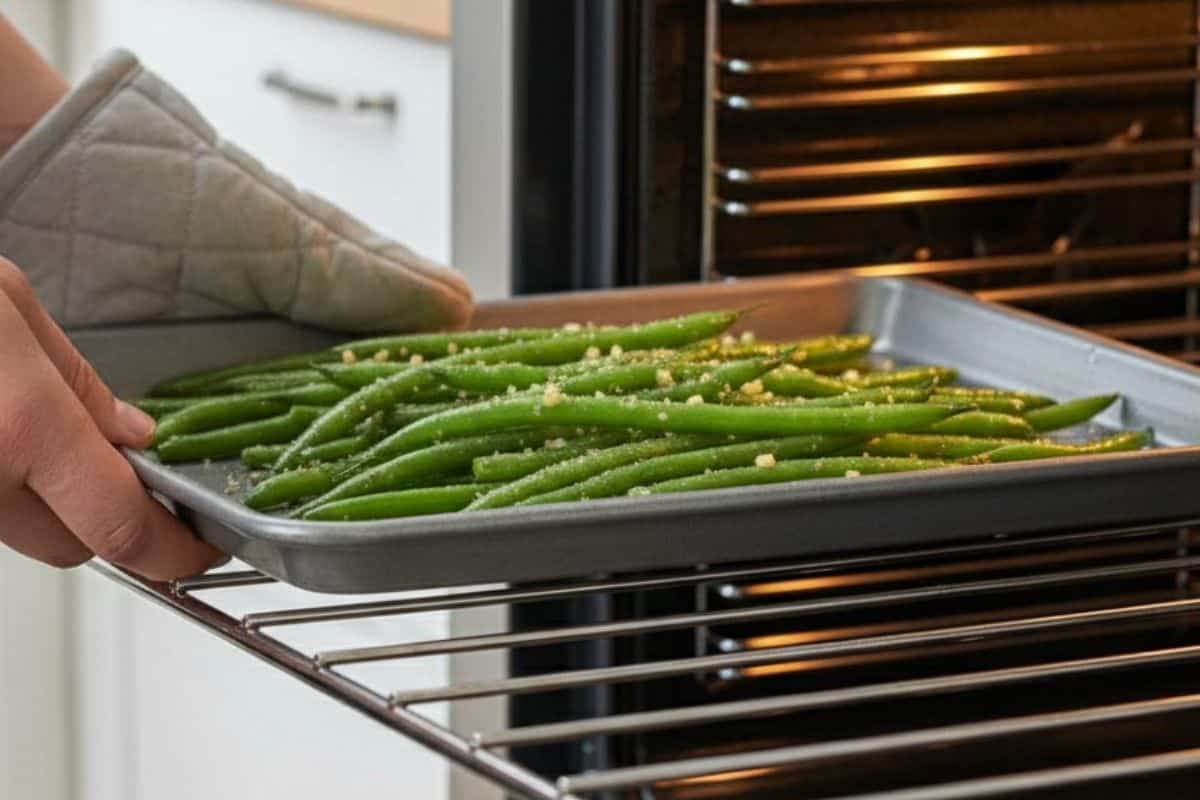 Bake the green beans for 20 minutes.