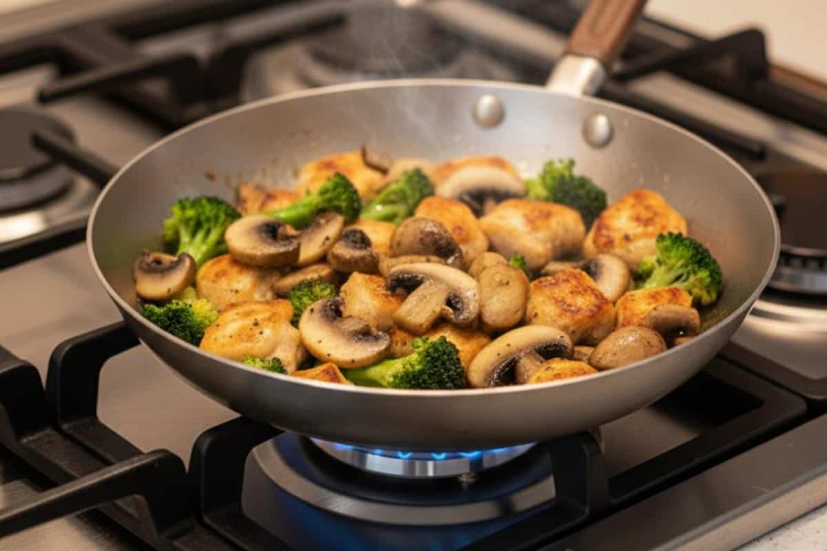 Cooking chicken pieces, broccoli florets and mushrooms in a large pan.