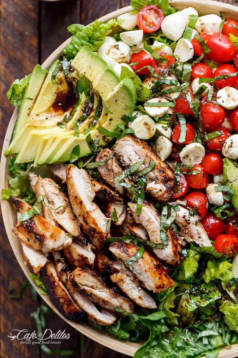 Side top view of Balsamic Chicken Avocado Caprese Salad